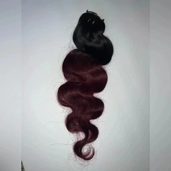 18 In Clip in Human Hair Extensions Clip in Human Hair Ombre Black to Wine Red - Picture 4 of 5